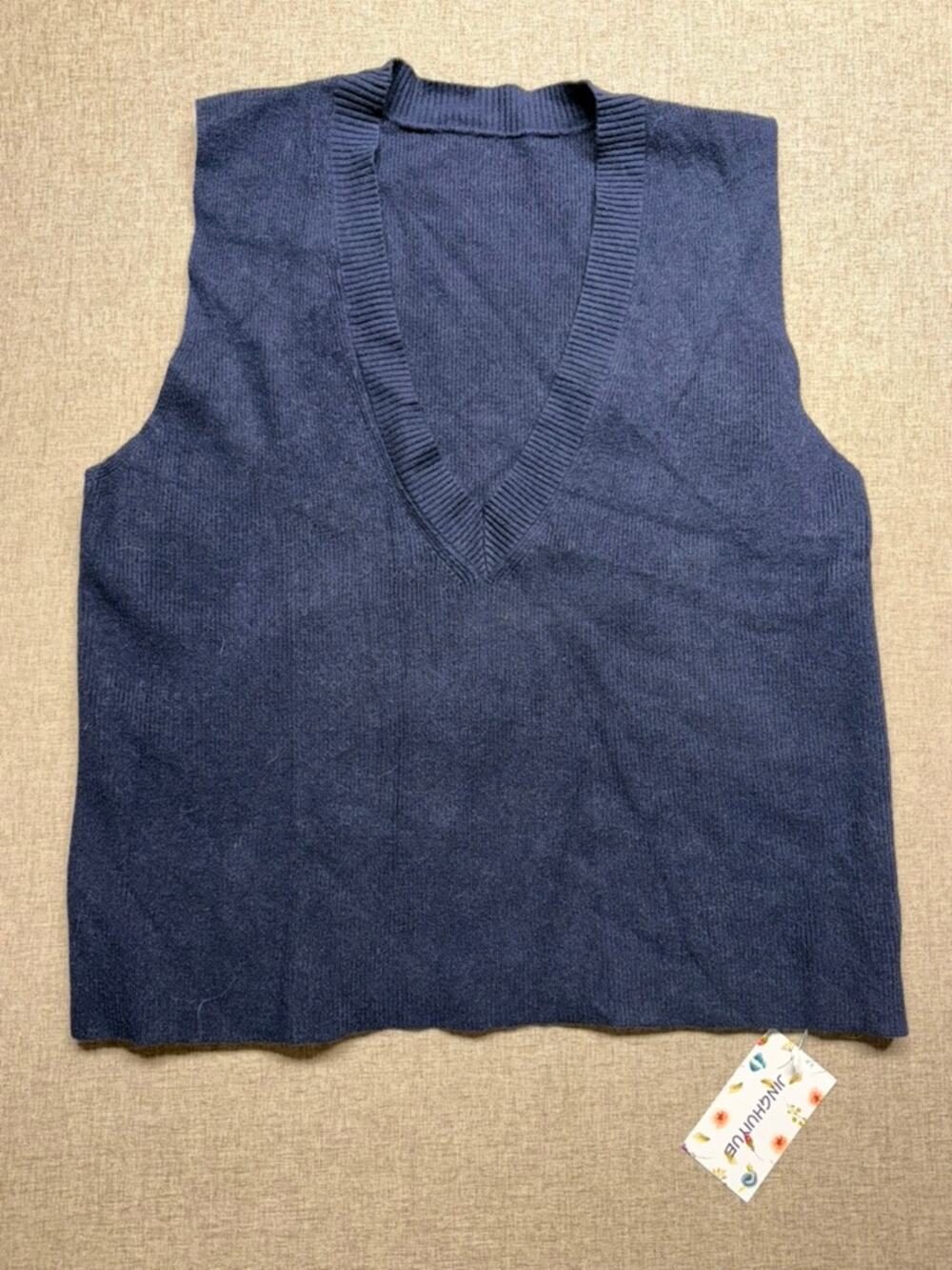 Navy Blue V Neck Sweater Vest XL Wool Blend Sleeveless Preppy Grandpa Core